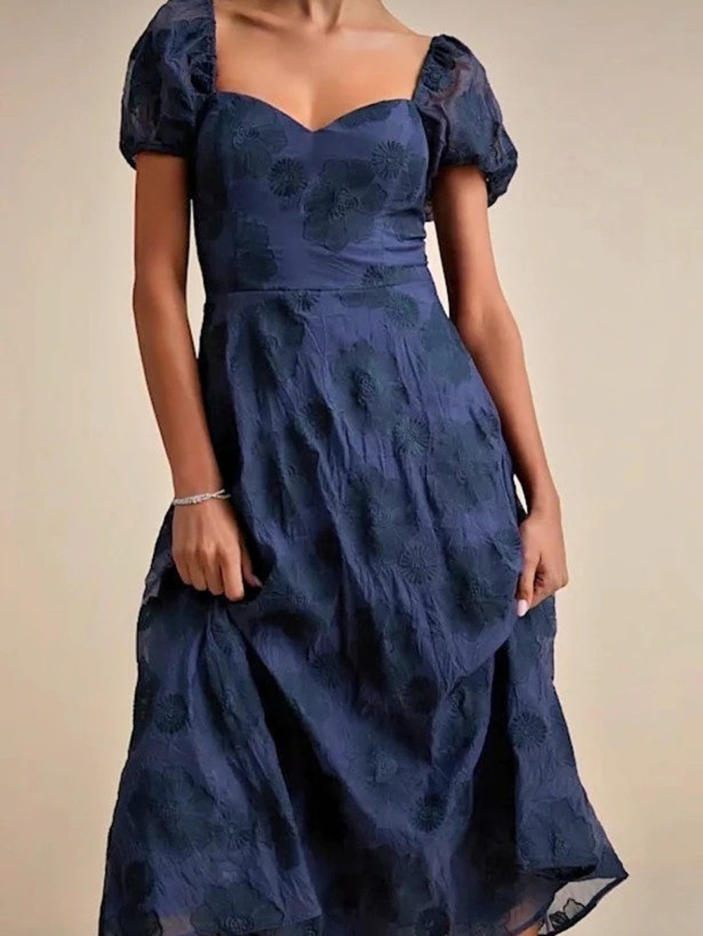 Lulus Blissful Darling Navy Blue Burnout Floral Jacquard Midi Dress